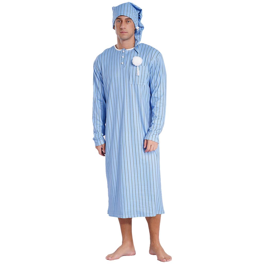 Mens Sissy Nightwear Striped Sleep Robe with Hat Long Sleeve Long Robe And Pompom Adjustable Sleep Hat Arabian Muslim Pajamas