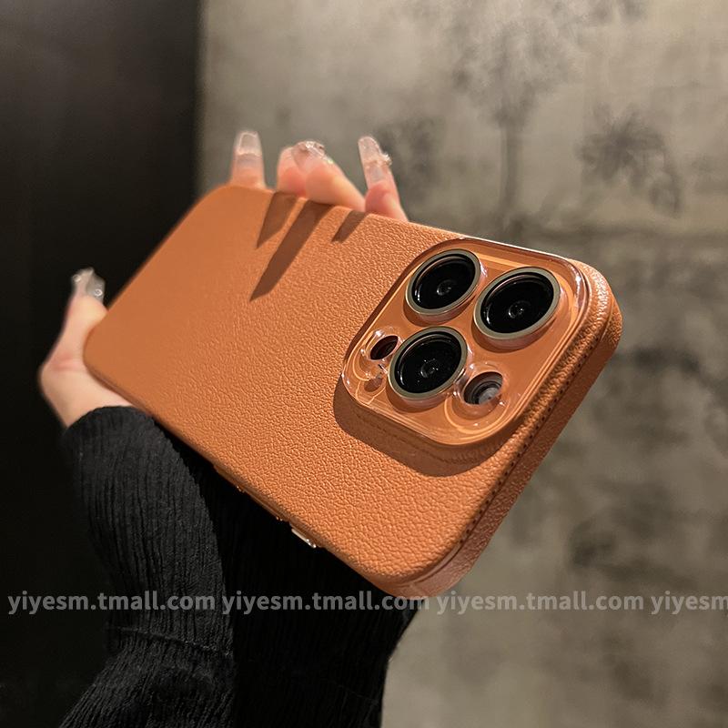 Применимо к iPhone 15 чехол для мобильного телефона с узором из кожи личи Apple 14promax кристальная линза 13 простой однотонный защита