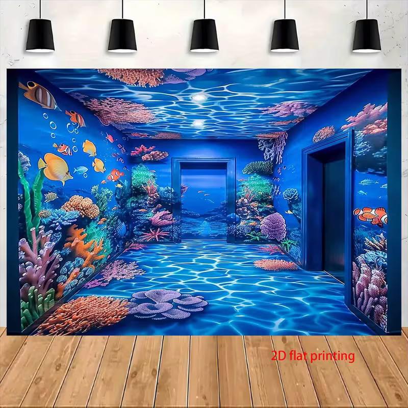 2D Underwater World Backdrop Marine Life Theme Party Background Cloth