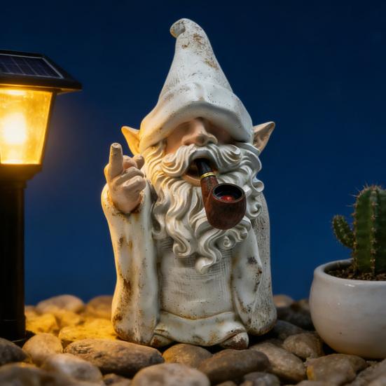 Статуэтка Гнома со Средним Пальцем и Дымом, Забавная Садовая Фигурка Волшебника-Гнома, Непослушная Смоляная Скульптура для Газона, Двора, Балкона, Крыльца, Патио, Декор для Дома