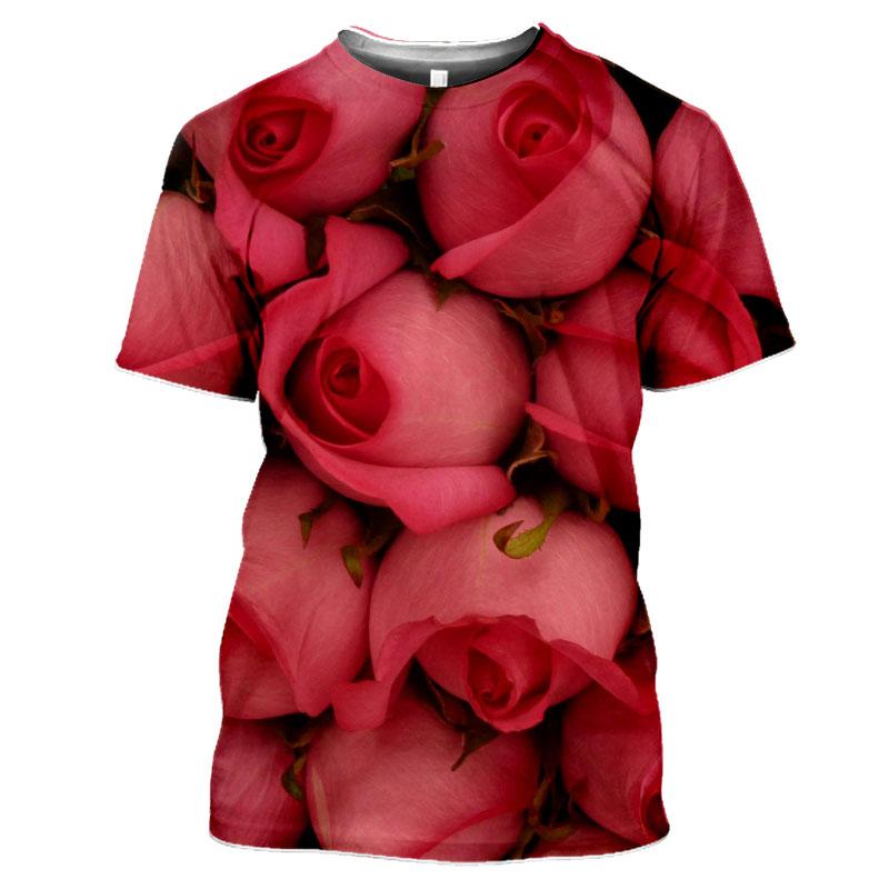 Summer Round Neck 3D Flower Pattern Printed Top Fashionable Casual Short Sleeved Women's T-shirts