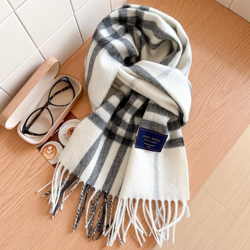 100% Wool Plaid Scarf Men Women Couple Warm Cashmere Blend Checked Winter Neckwear
