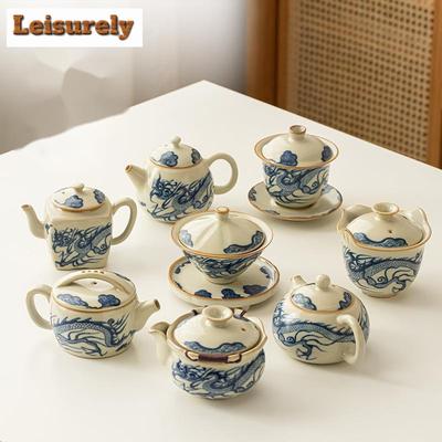 Эстетичный бежевый фарфоровый чайник Ru Kiln с узором в виде синего и белого дракона, чайник Xishi, чайник-гайвань для чайной церемонии