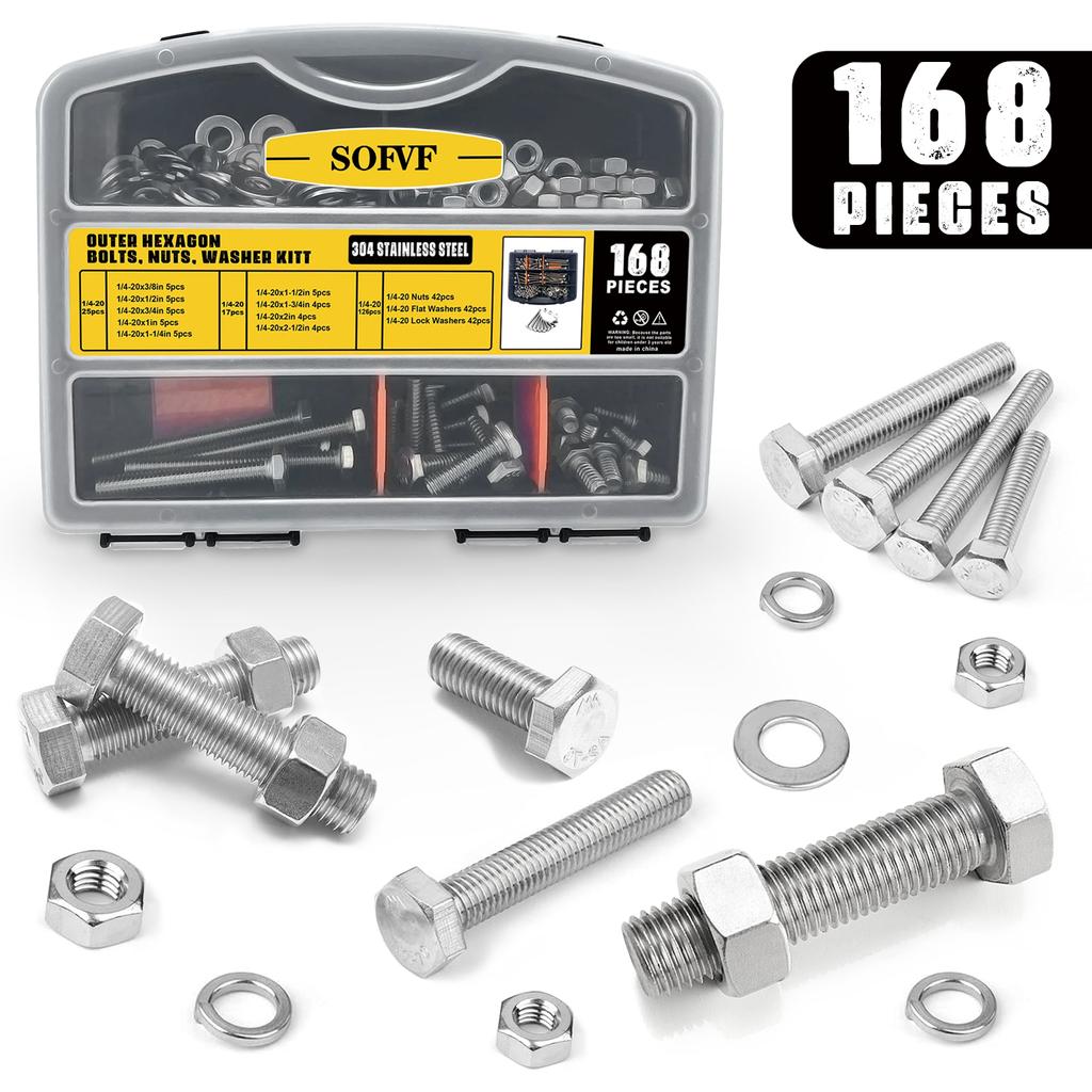 168Pcs Outer Hexagon Bolts, Stainless Steel Anglo-American Hexagon Head Bolts, Nuts, Washers Classification Combination Kit