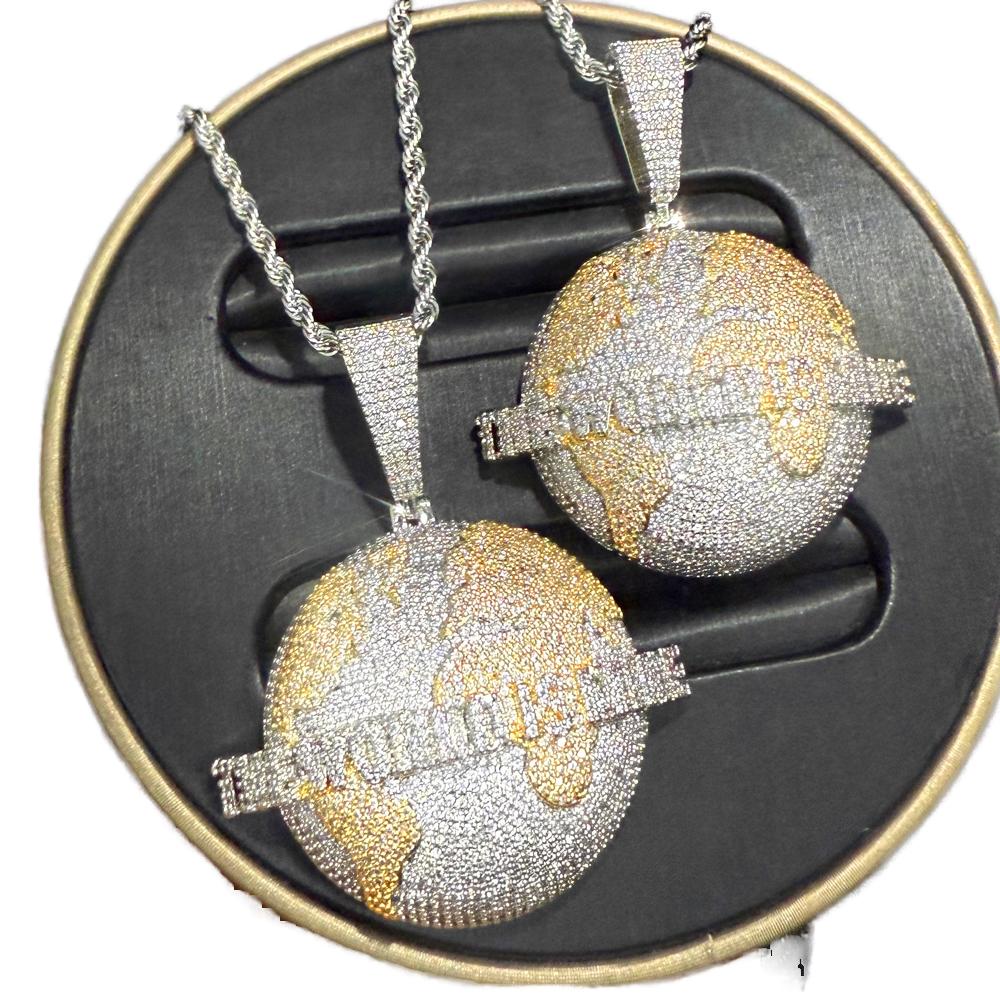 2 Tone Round Brass Pendant Men Hip Hop Necklace Full Bling Cubic Zirconia CZ Fashion Jewelry