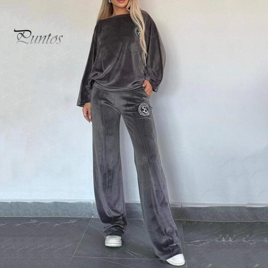 Женский комплект из 2 предметов: топ, брюки, бархатный круглый вырез, рукава «летучая мышь», блузка, широкие брюки, однотонный спортивный костюм на каждый день, осенне-весенний спортивный костюм