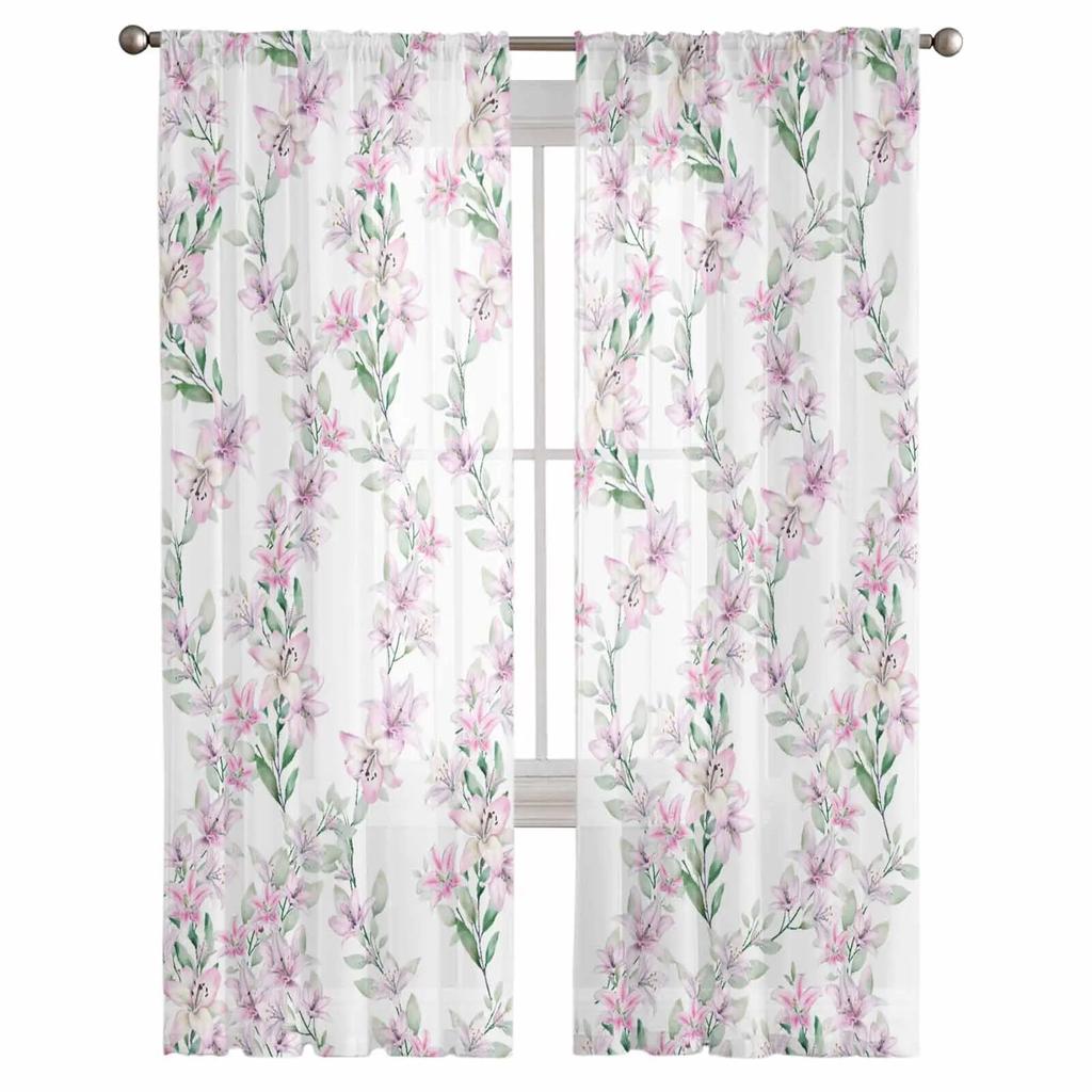 Watercolor Flower Lily Tulle Curtains For Living Room Sheer Curtain For Bedroom Kitchen Blinds Voile Curtains