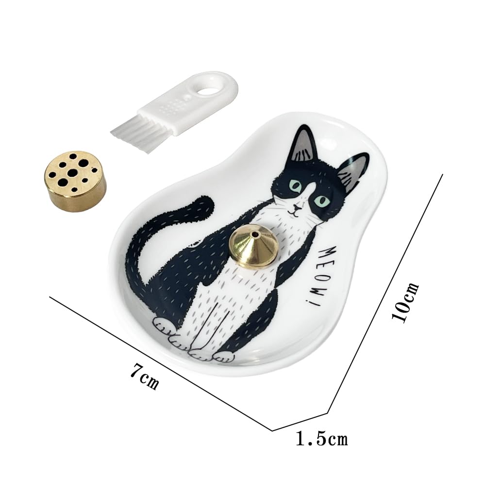 Подставка для благовоний Umora, Тарелка с кошачьим узором, Симпатичный декор для интерьера, Аромалампа для успокаивающих ароматов, Подарок для прихожей, Длина 10 см, Включает кисточку (Черное и белое