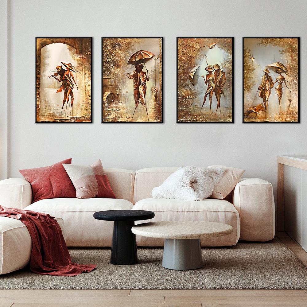Золотая пара с зонтиком, городской пейзаж, холст, живопись, постеры, принт, абстрактные романтические настенные художественные фотографии для комнаты, домашний декор