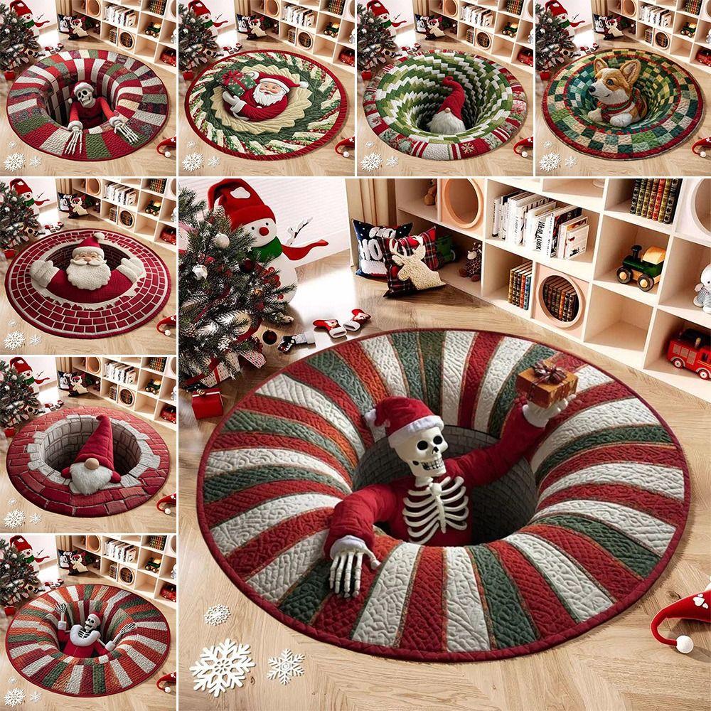 60*60cm Christmas Round Carpet 3D Special-shaped Crystal Velvet Santa Claus Floor Mat Anti-Slip Atmosphere Decoration
