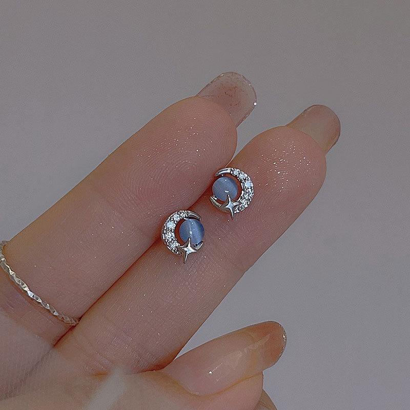 Blue Cat Eye Stone Moon Planet Earrings Light Luxury Small Niche Temperament Earrings Women's Earrings