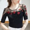 Женский черный топ с кружевной вставкой, рукав три четверти, вышивка розами, стразы, повседневная приталенная блузка