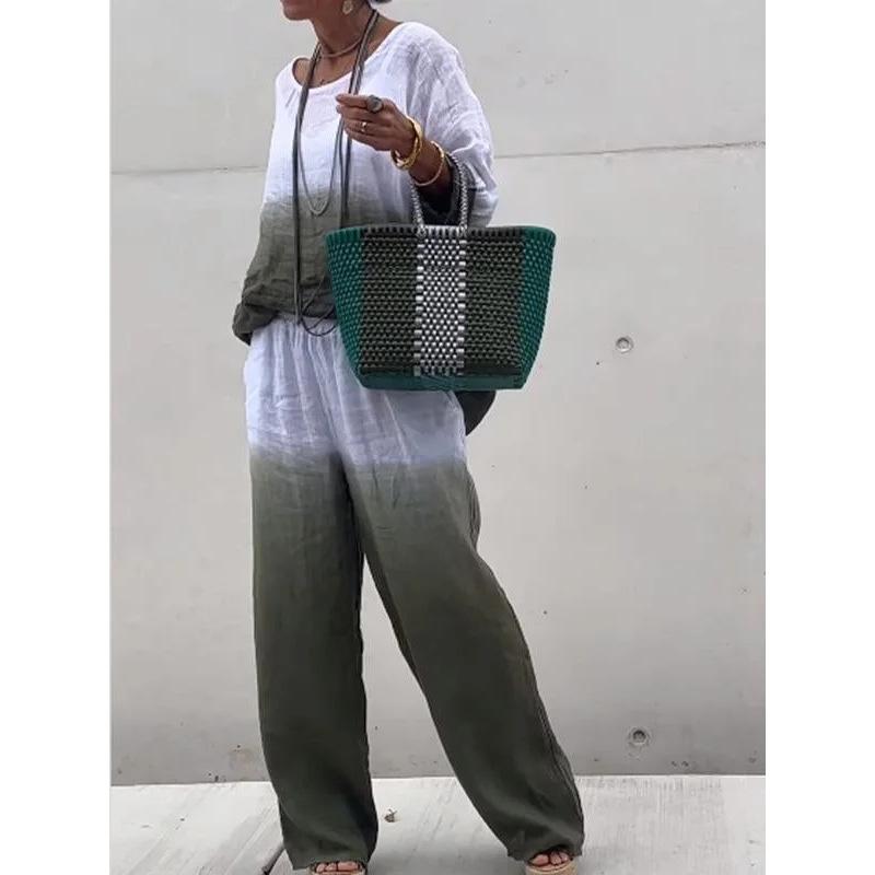 Женский комплект, модный топ из хлопка и льна с градиентом, топ с круглым вырезом с длинными рукавами и прямые брюки, комплект из двух предметов