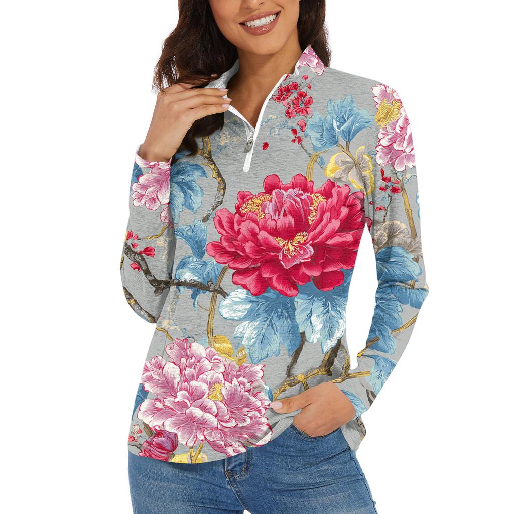 Women's Casual Fashion Retro Floral Print Long Sleeve Zipper Neck Top T-shirt