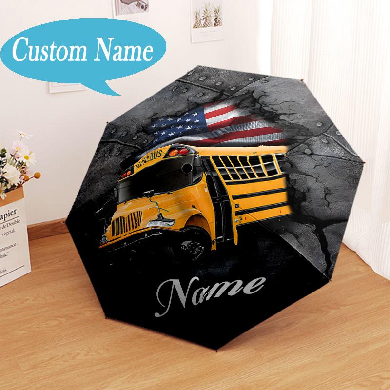 Custom Name School Bus Adventure Umbrella Folding Umbrella, Automatic Umbrella - 8-Frame for Travel, Casual Lightweight Personalized Gifts