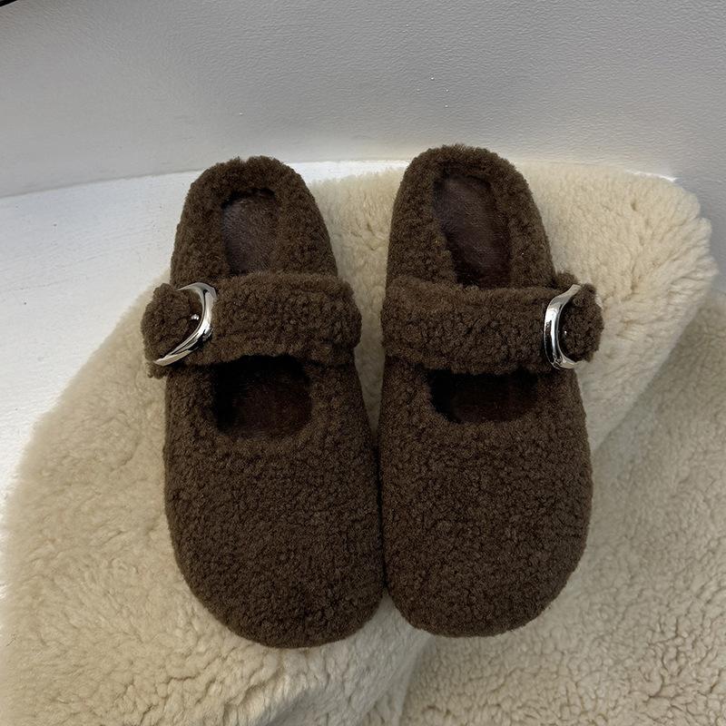 Баотоу пушистые тапочки женские 2025 новые осенне-зимние бархатные теплые тапочки-половинки интернет-знаменитости Мэри Джейн хлопковые туфли