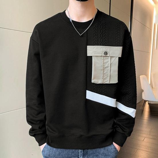 Осень-весна Мужская толстовка с круглым вырезом Аппликация Карман в стиле пэчворк Сплошной цвет с длинным рукавом Свободный пуловер Мягкий дышащий средней длины Мужской повседневный топ