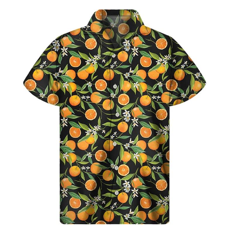 Orange Pitaya 3D Print Fruit Graphic Men Shirt Hawaiian Shirts Tops Beach Short Sleeve Button Lapel Blouse