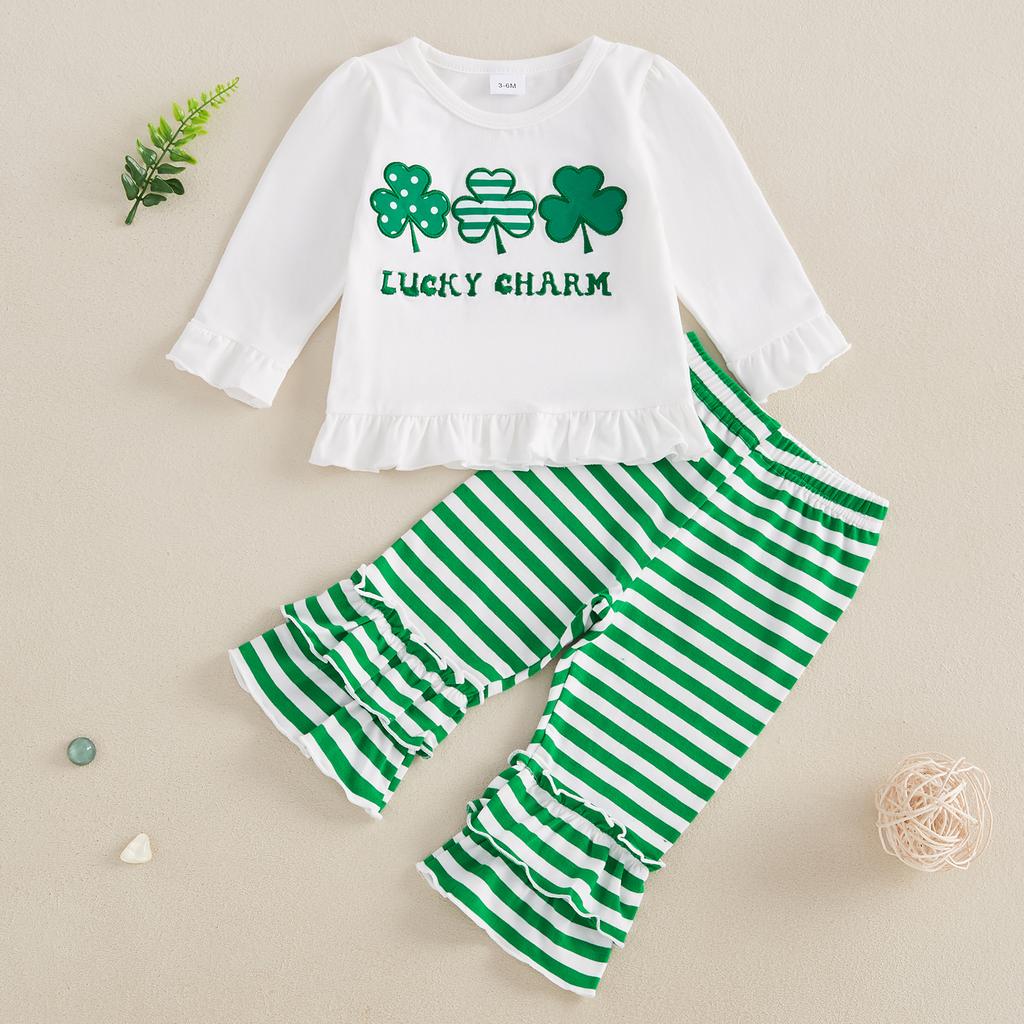 Toddler Girls Ruffled Set Four Leaf Clover Embroidered Long Sleeve Round Neck Tops Striped Long Pants 2-Piece Fall Outfits
