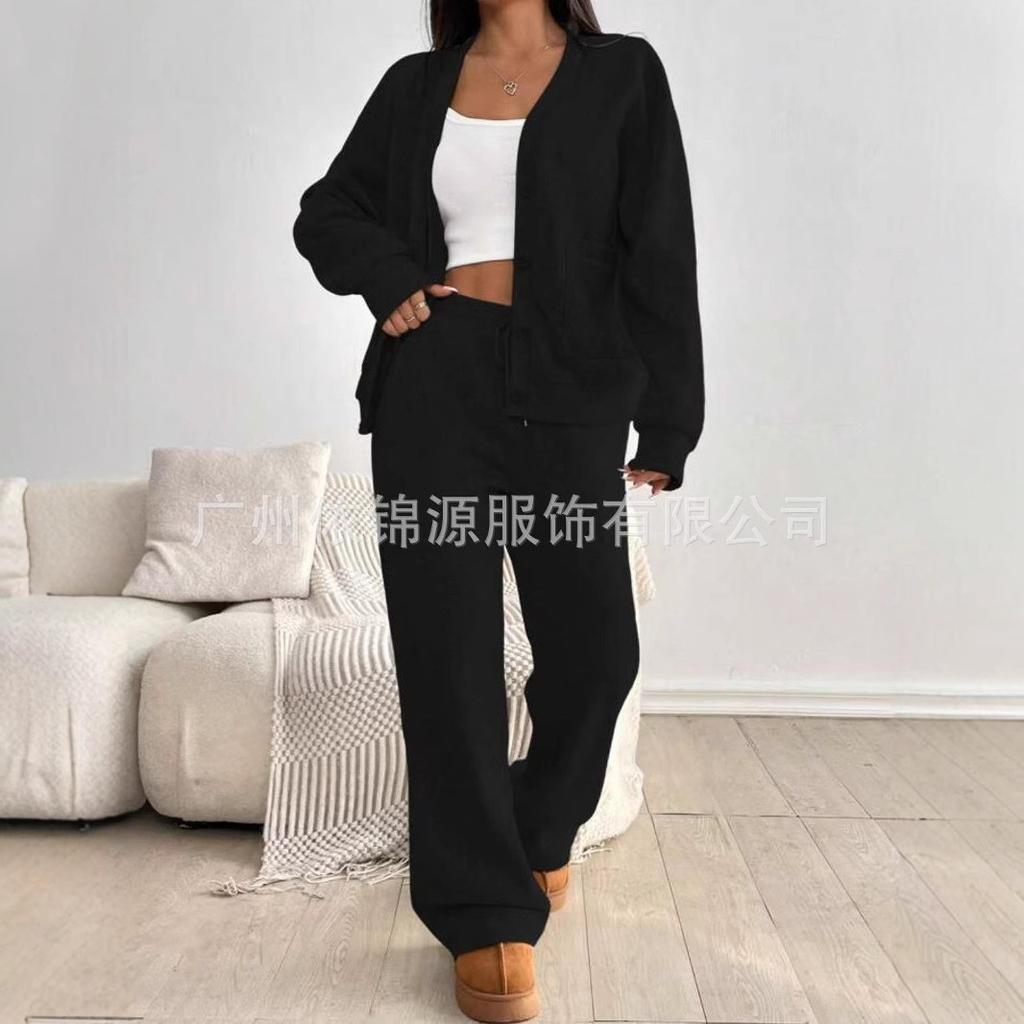 Women's Grey Button Front Knit Cardigan with Wide Leg Lounge Pants Set
