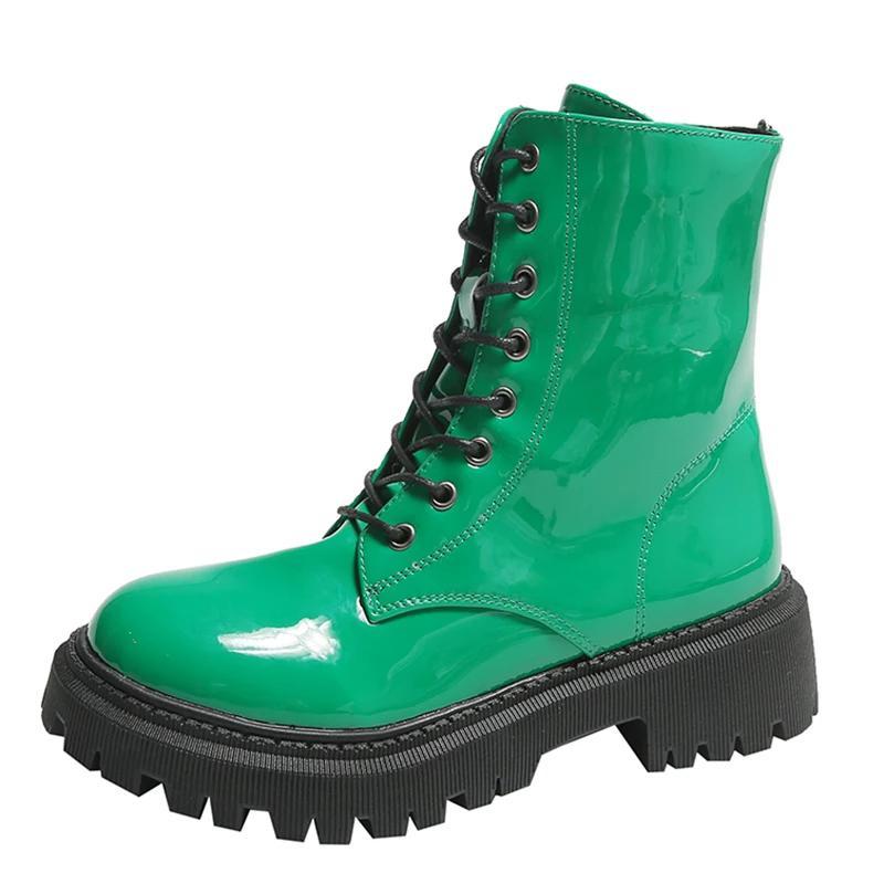 Ботильоны розового цвета на шнуровке, женские туфли, лакированные кожаные мотоциклетные ботинки на платформе, женские, на толстом каблуке, короткие ботильоны на молнии