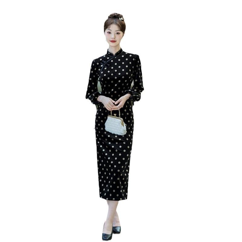 Черный cheongsam с фонариками, длинный, из бархата, зимняя новинка, ретро, национальный стиль, улучшенный новый китайский повседневный cheongsam