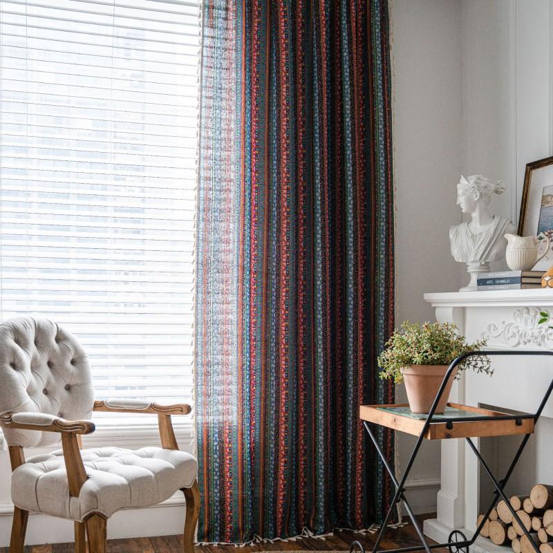 Bohemian Striped Cotton Linen Kitchen Curtain Semi-Sheer Grommet Tab Rod Pocket Dining Room Decor