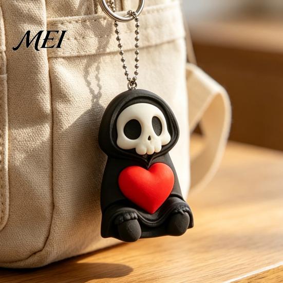 Gothic Skull Pendant Holding Heart Grim Reaper Keychain Charm, 3D Printed Decor with Decoration Ball Chain Chain, Backpacks Bags Purse Hanging