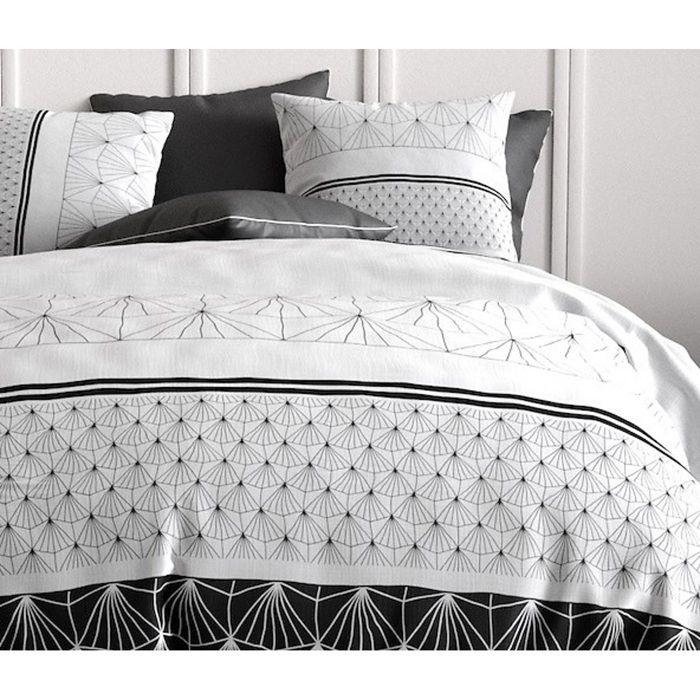 Parure de lit - Housse couette 220x240 cm - 2 taies - Graphique - Noir et blanc - Coton doux