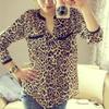 Women Leopard Print Long Sleeve Chiffon Loose Shirt Pockets Button Down Top