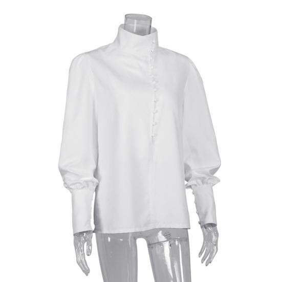 Women Shirt Long Sleeve Stand-Up Collar Regular Fit Casual Shirt Buttons Half Placket Pure Color Office Lady