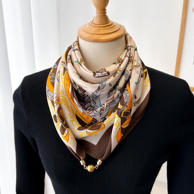 Magnetic Buckle Silk Neck Scarf: Triangle Design for Women, 70x70cm, Lightweight Spring/Summer/Autumn Accessory