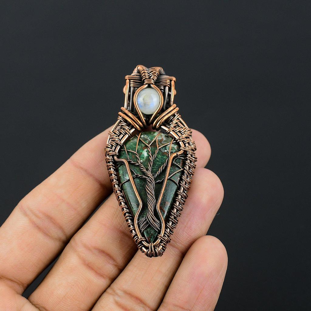 Azurite Malachite & Rainbow Moonstone Pendant, 999 Copper Wire Wrapped Gemstone Jewelry, Handmade Pendant, For Thanksgiving