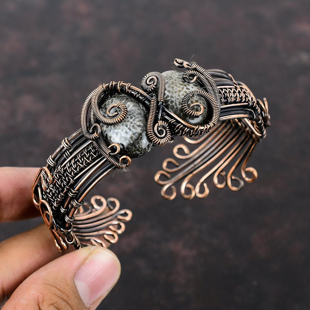 Браслет-манжета со скатом и кораллом, браслет из медной проволоки, ювелирные изделия ручной работы, регулируемый браслет, подарок для друга, браслет с драгоценными камнями, медные украшения