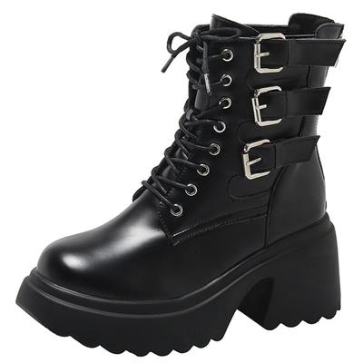 Модные ботильоны на платформе в стиле панк на каблуке 8 см, мотоциклетные ботинки для женщин на шнуровке, на массивном каблуке, с ремешком, пряжкой, карманом, дизайнерская обувь, женские ботинки