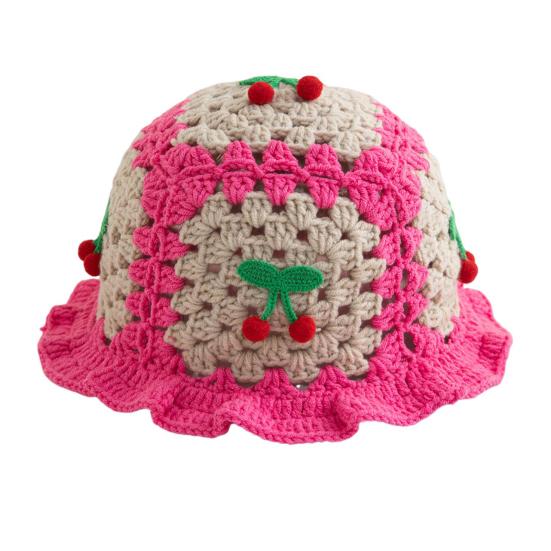 Мультяшная шерстяная шапка с аппликацией в виде вишневого гриба, вязаная шапка, полая, конфетного цвета, детский головной убор, ведро