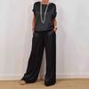 Women's Satin Silky Two-Piece Set Casual Crew Neck Short Sleeve Top Wide Leg Pants Set Loose Loungewear Outfit for Spring Summer