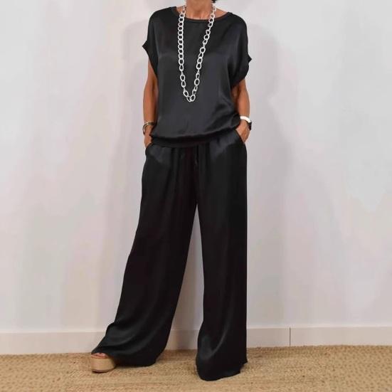 Women's Satin Silky Two-Piece Set Casual Crew Neck Short Sleeve Top Wide Leg Pants Set Loose Loungewear Outfit for Spring Summer