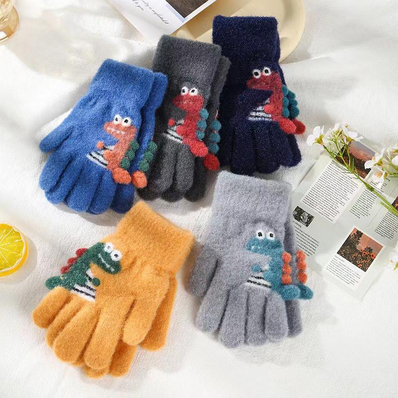 1 пара милых детских толстых вязаных перчаток с рисунком динозавра, теплые детские перчатки на осень и зиму, перчатки с полным пальцем и пятью пальцами