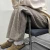 Корейский стиль 2025 Брюки из шерсти в ретро-полоску с высокой талией: Женские облегающие широкие брюки в пол для весны, осени, зимы.