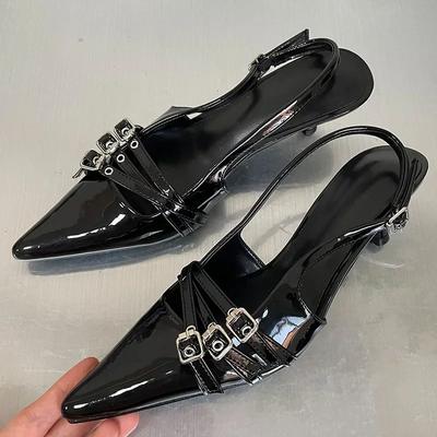 Новые женские туфли на высоком каблуке Летние женские туфли с острым носком из кожи и полиуретана Вечерняя обувь Модные сандалии с ремешком и пряжкой Туфли-лодочки для девочек