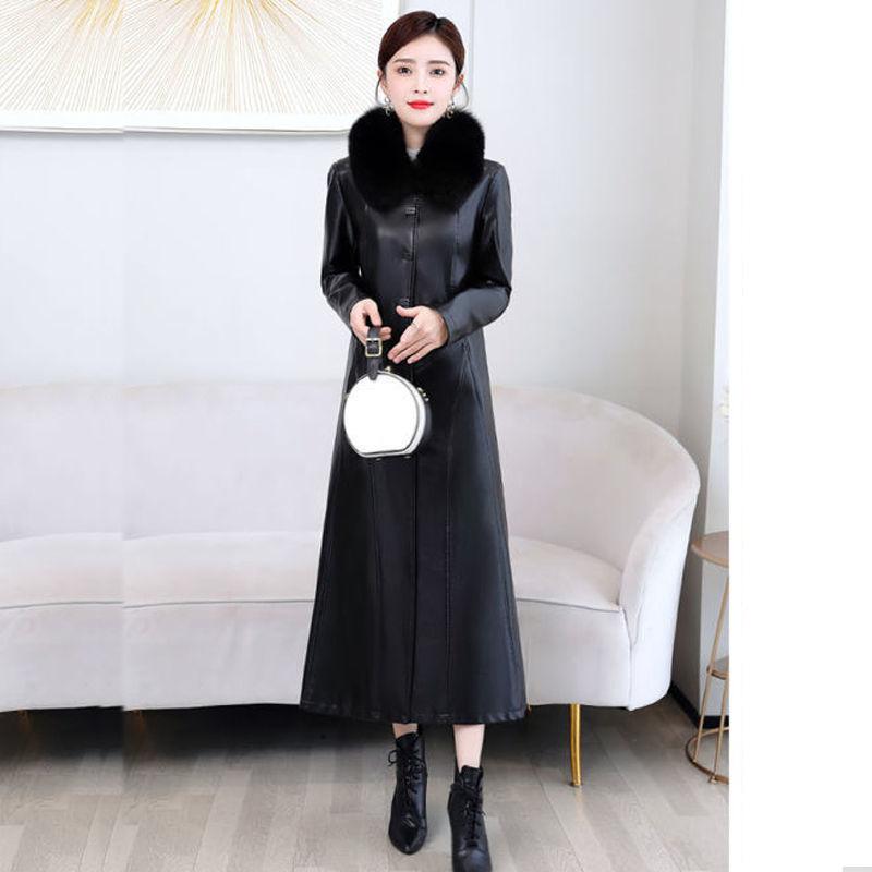 Осенне-зимнее теплое утолщенное лисье меховое женское длинное кожаное пальто-ветровка красного, черного цвета, тонкое модное пальто