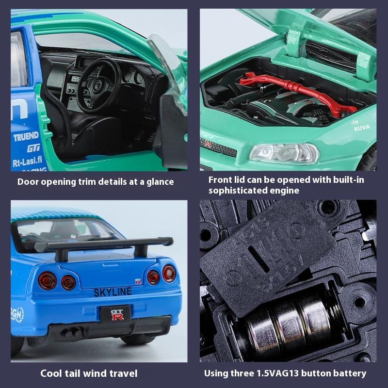 1/32 Scale Nissan GTR Skyline Alloy Car Model Wtih LED Lights and Sound Effects, Perfect Toy for Kids, Collectible Racing Car Display