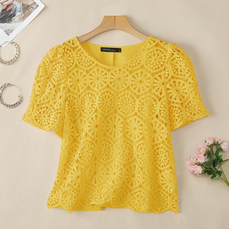 ZANZEA Женская повседневная кружевная блузка в стиле пэчворк с коротким рукавом на лето