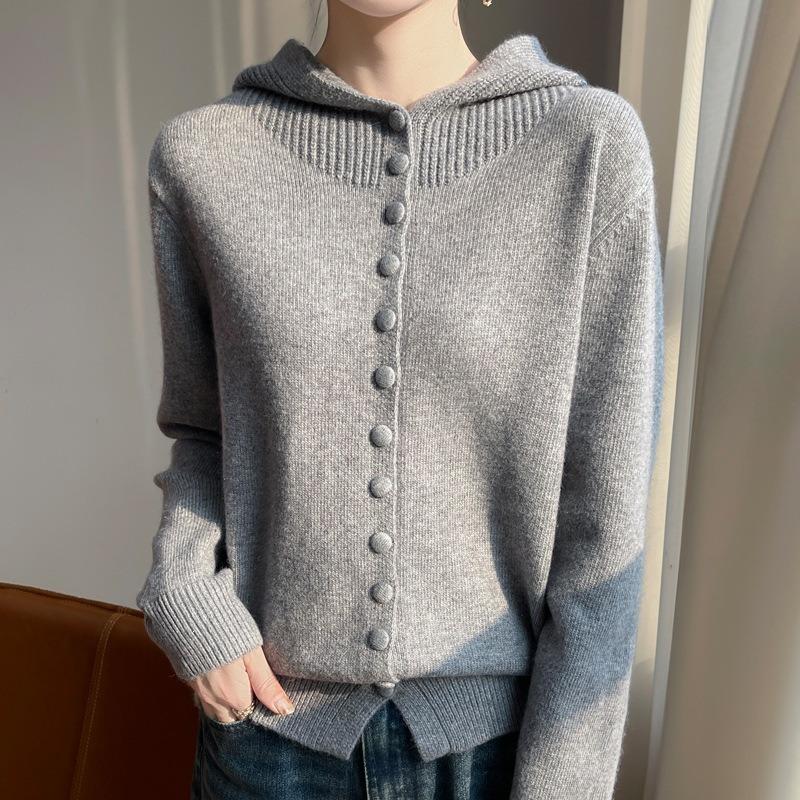 Women S Hooded Knit Cardigan Solid Color Loose Casual Outerwear