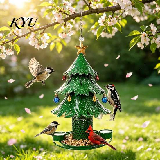 Artisan Handcrafted Bird Feeder Christmas Tree for Outdoor, Metal Hanging Wild with 2 Easy Fill Station Water Cups, Green Xmas Seeds Tray Garden Patio