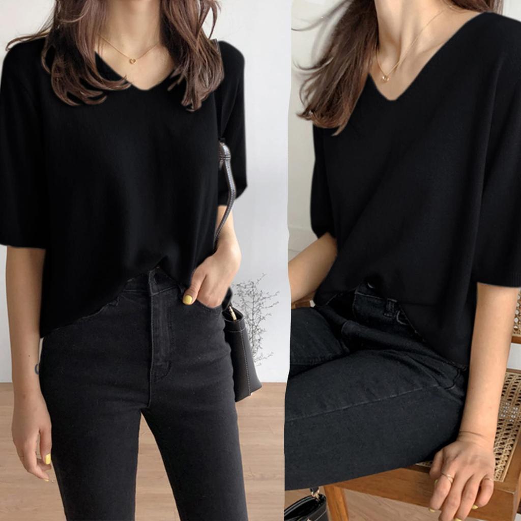 Летний трикотажный топ с коротким рукавом, свободного кроя и модный. Летняя красивая координация [ANCKDOCE] Женская футболка, V-образный вырез, прилегающая, сшитая, одежда, топы, (белый)