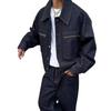 Men's Dark Blue Raw Denim Workwear Jacket - Loose Fit & Worn-Out Style