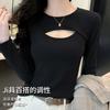 [Hollow out small design] Thin velvet shoulder slim fit long sleeved T-shirt for women, bottom layer shirt for women, warm top for women