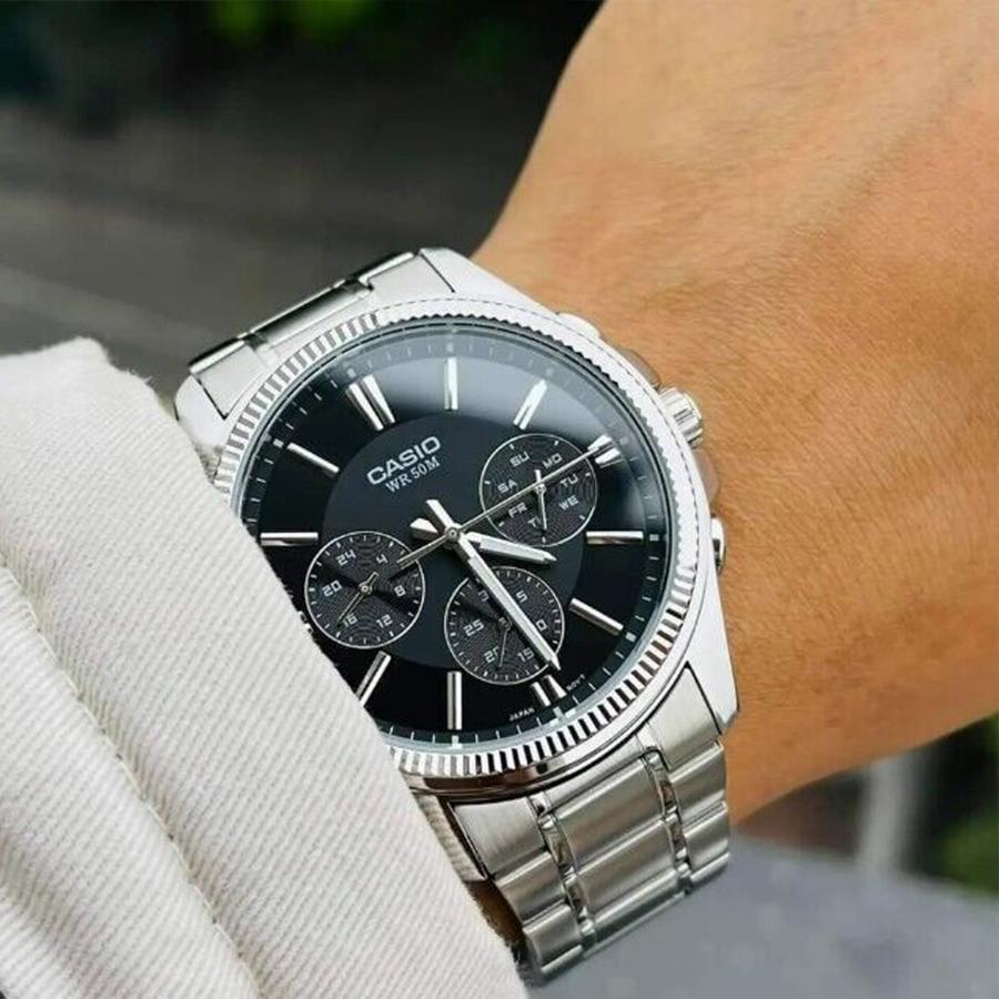 Casio Мужские кварцевые часы с тремя стрелками, браслет из нержавеющей стали, черный циферблат MTP-1375D-1A